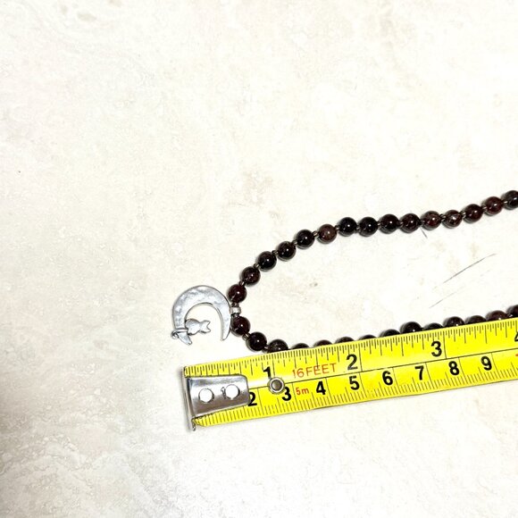 Deep Wine Red Garnet Short Necklace, Genuine Gemstone & Silver Cat on the Moon - Picture 13 of 15